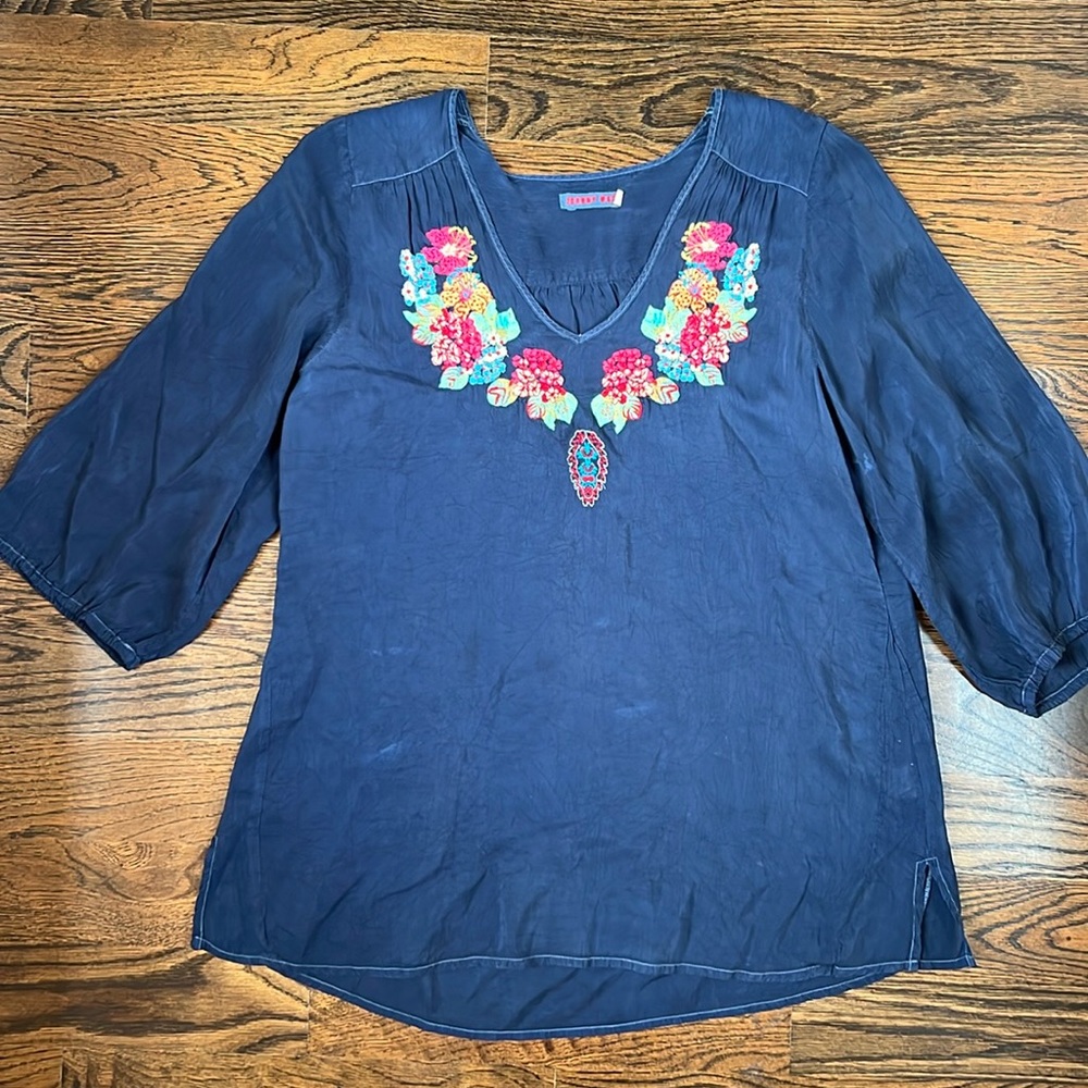Johnny Was Blue Blouse with Colorful Embroidery